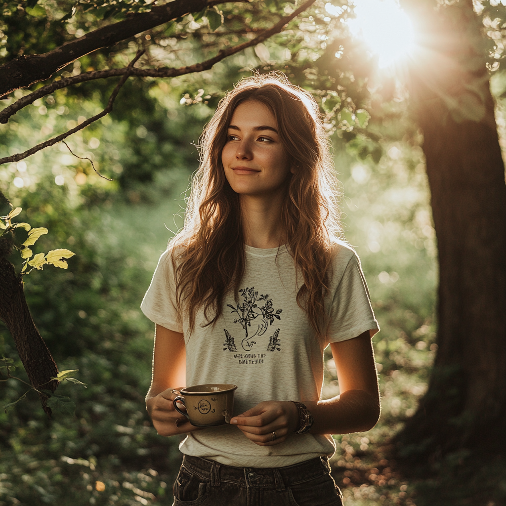 A young adult stands peacefully in morning light, wearing an empowering t-shirt and holding a warm cup of tea. The scene radiates calm, purpose, and natural beauty.