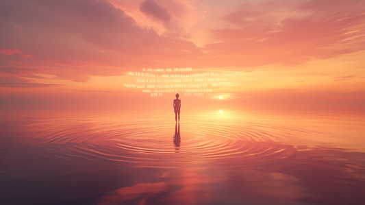 A silhouette of a person stands in the middle of a serene, watery horizon at sunset, surrounded by soft rays of light and mysterious text floating in the sky
