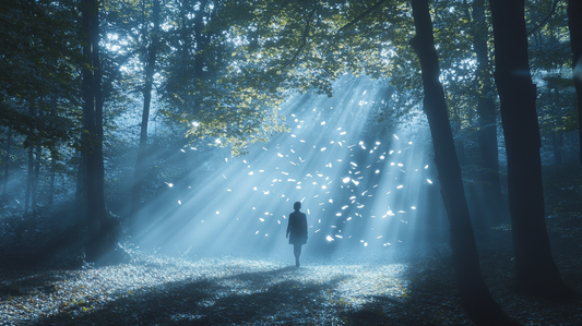 Lone figure in a misty forest at dawn, reaching toward light, surrounded by floating mirror shards.