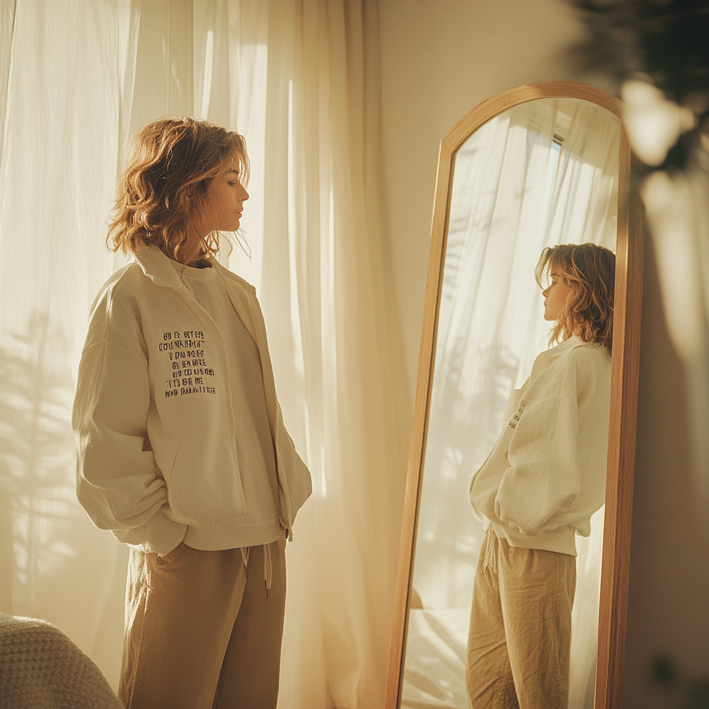 A person confidently wearing sustainable, eco-friendly clothing while smiling at their reflection in a mirror, symbolizing the empowerment gained from positive affirmations and conscious fashion choices.