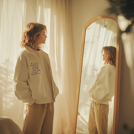 A person confidently wearing sustainable, eco-friendly clothing while smiling at their reflection in a mirror, symbolizing the empowerment gained from positive affirmations and conscious fashion choices.