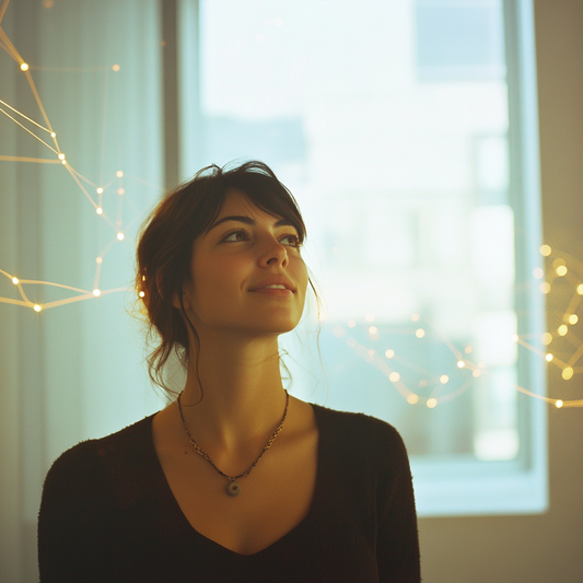 A person smiling confidently, symbolizing how affirmations rewire the brain through neuroplasticity, wearing sustainable fashion that reflects conscious living and personal empowerment.