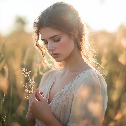 A young woman in neutral-toned clothing stands thoughtfully in a golden hour meadow, holding a small plant to symbolize growth and sustainability
