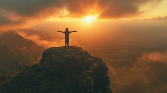 A person standing confidently on a mountain peak at sunrise, symbolizing freedom and self-expression.