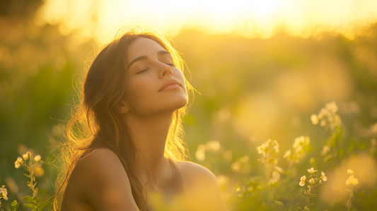 A serene woman sitting peacefully in a sunlit field, eyes closed, surrounded by wildflowers and golden sunlight, capturing a tranquil moment of mindfulness.
