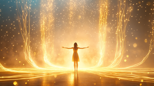 A woman stands with open arms in front of three glowing golden pillars of light, surrounded by sparkling particles in a cinematic and uplifting scene