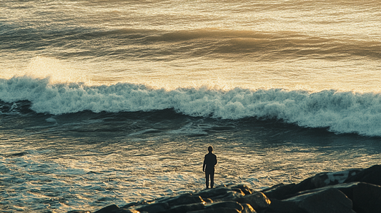 Person on a cliff with open arms, embracing the vast unknown of the ocean