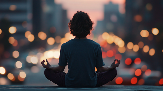 A person sitting calmly in meditation, eyes closed, in a peaceful setting. The soft light reflects inner peace and mindfulness. Keywords: mindfulness, meditation, inner calm