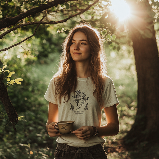 A young adult stands peacefully in morning light, wearing an empowering t-shirt and holding a warm cup of tea. The scene radiates calm, purpose, and natural beauty.