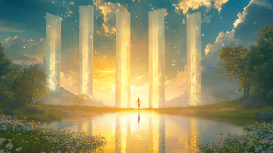 A serene, cinematic scene featuring five glowing golden pillars rising in a tranquil, dreamlike landscape at sunset.